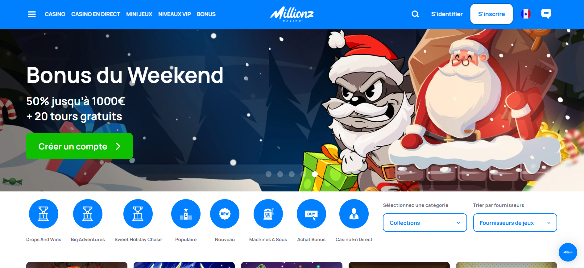 Aperçu de la plateforme Millionz Casino offrant des bonus sans aucun wager.